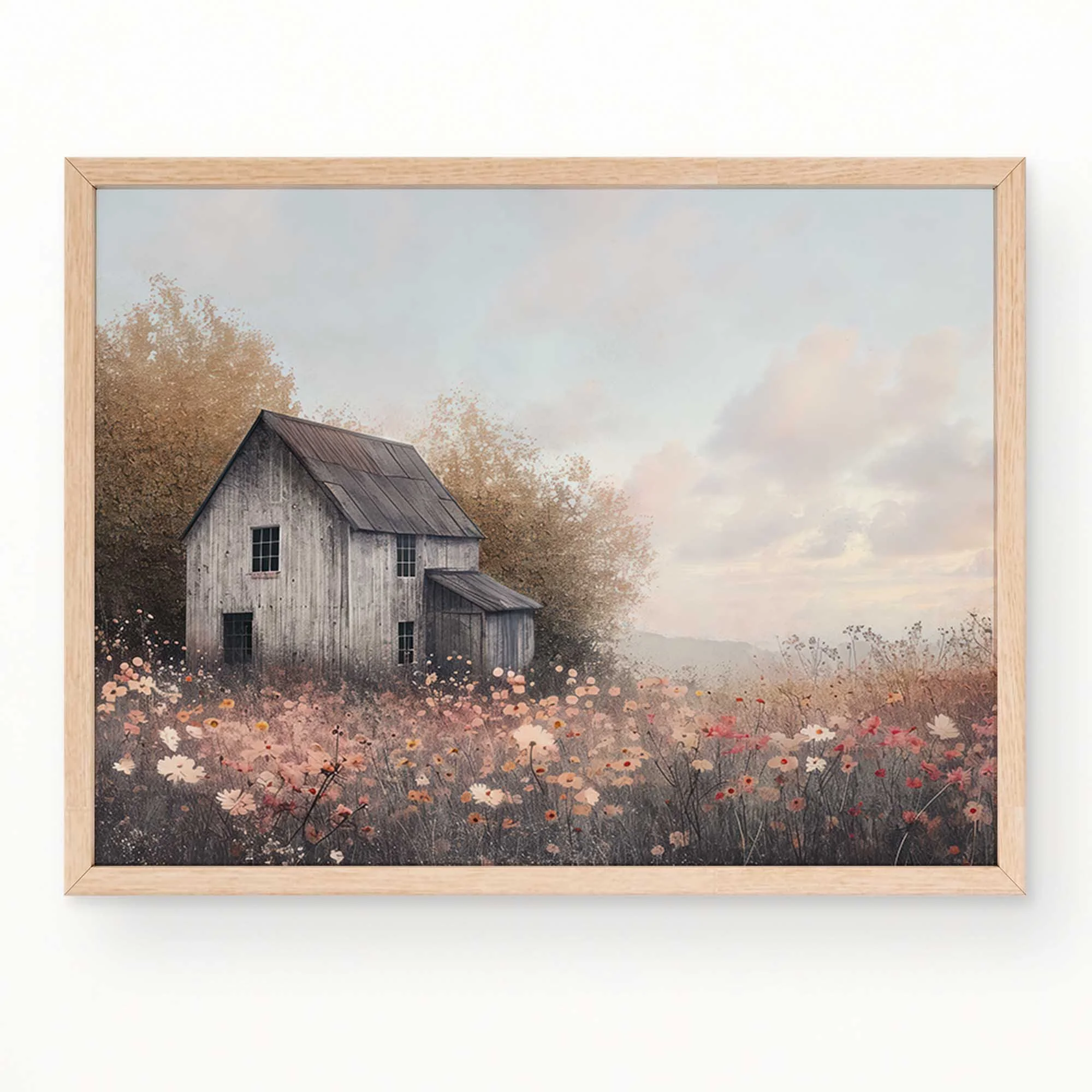 Rustic Farmhouse with Pink Wildflowers Art Printable