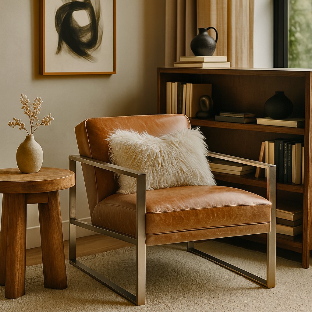 Modern saddle leather lounge chair with stainless steel frame and faux-fur pillow