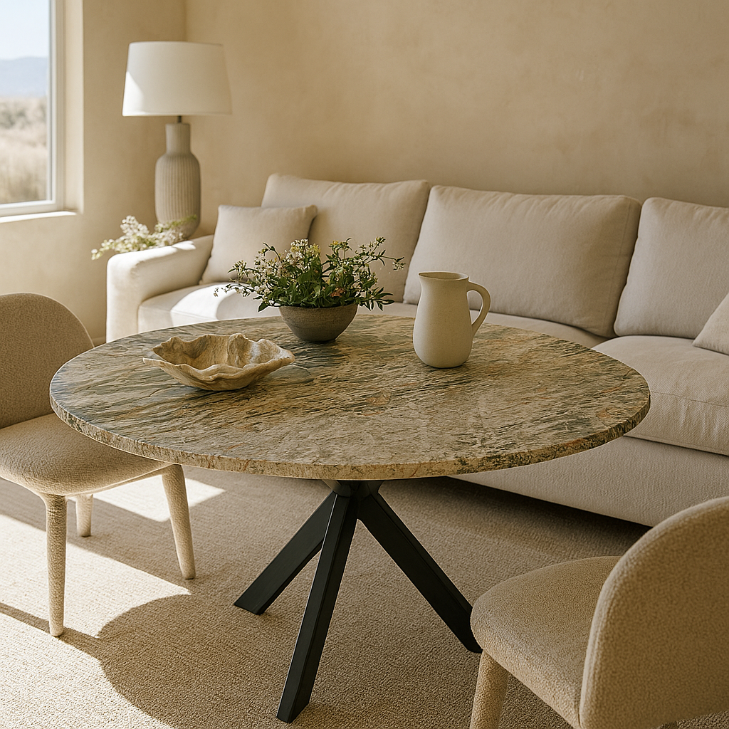 Round dining table crafted from green and gold Cartier Oro marble with crescent-edge detailing