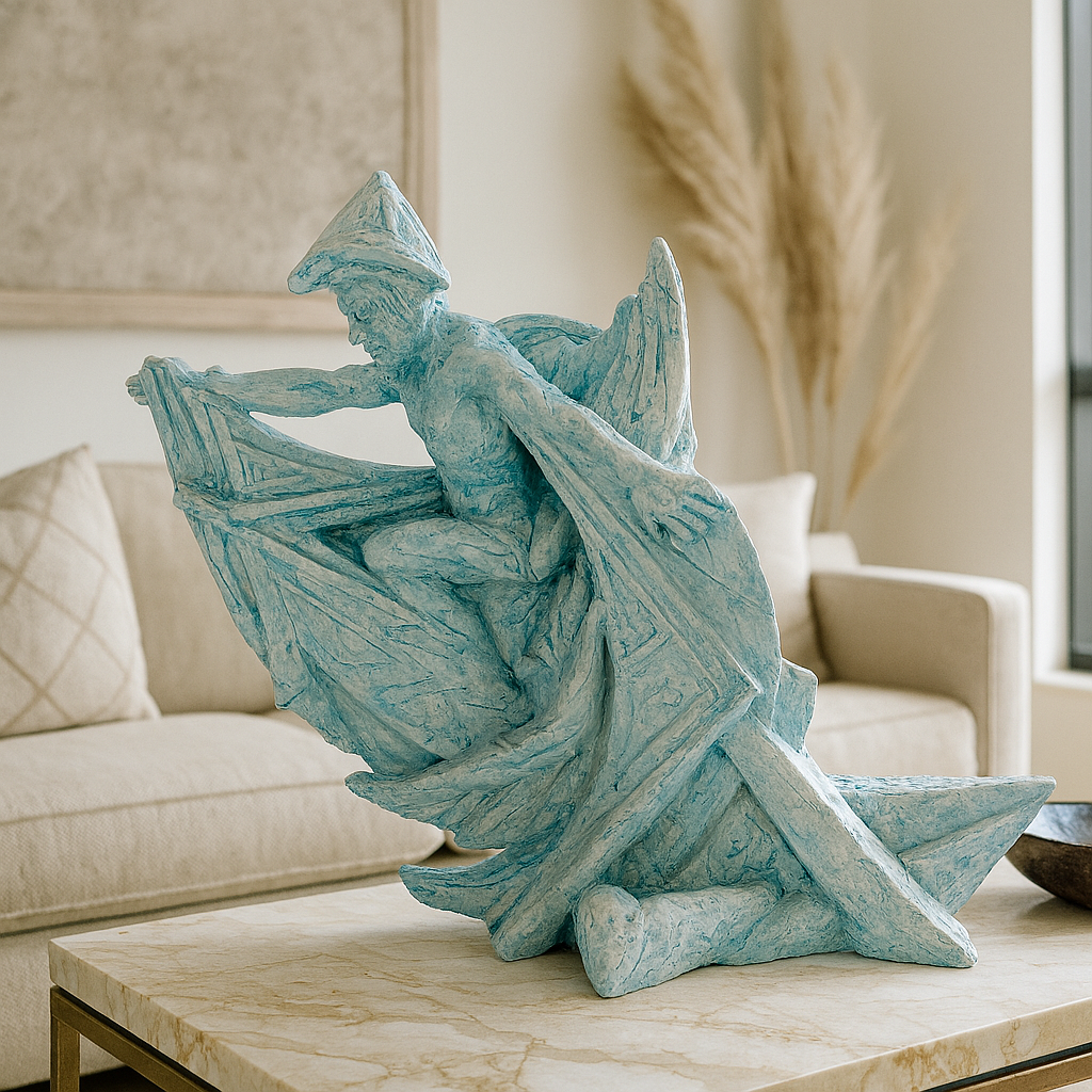Sky-blue textured sculpture of a winged male figure titled "Alexander in Flight," displayed on a glass tabletop