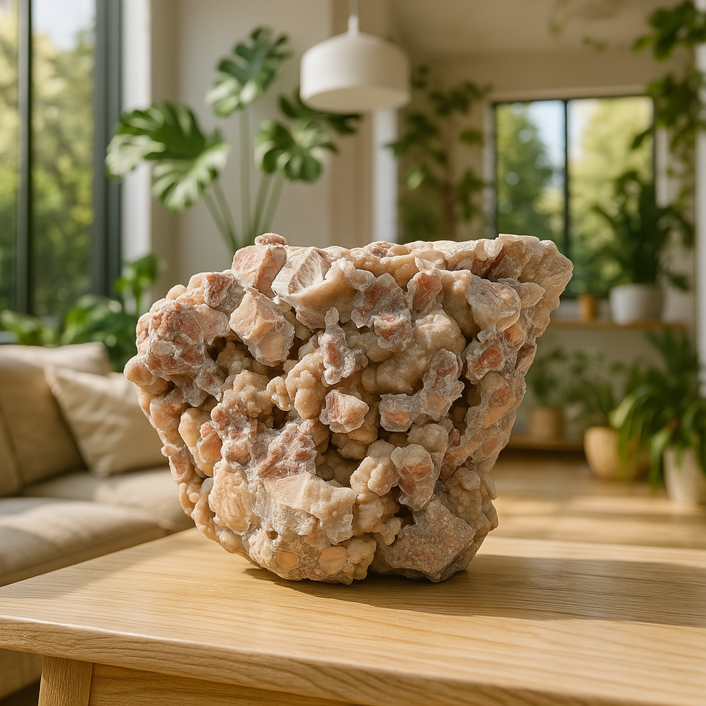 Mounted Wyoming youngite jasper cluster showing pink-tan breccia and UV-reactive agate