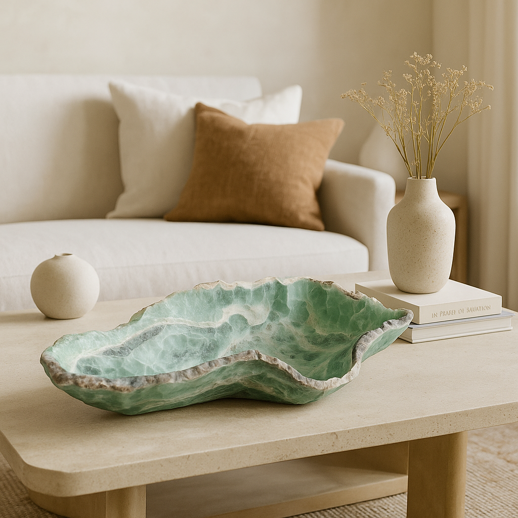 Large green fluorite bowl with rough natural rim displayed on coffee table