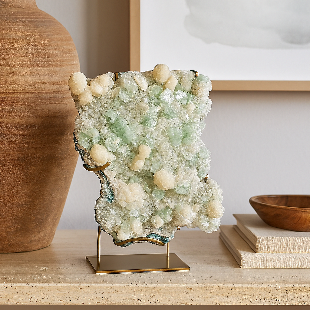 Mounted prehnite on apophyllite crystal cluster with brass stand for home décor