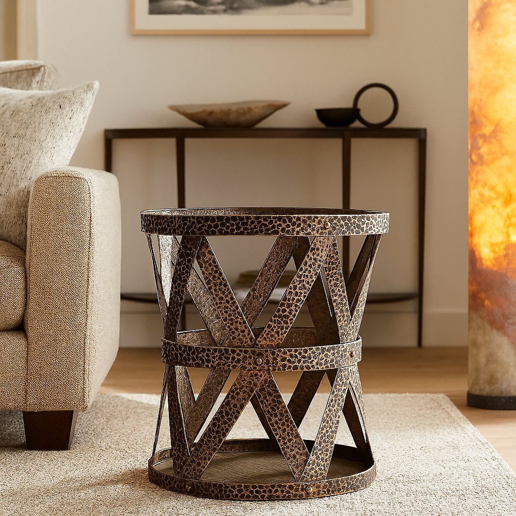 Hand-hammered brass drum accent table with open lattice design