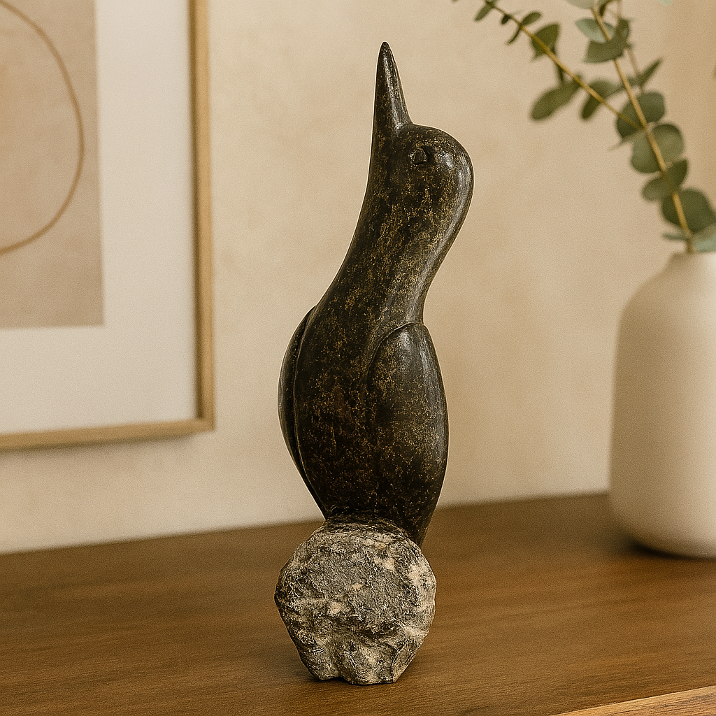 Hand-carved dark serpentine cardinal sculpture on natural stone base