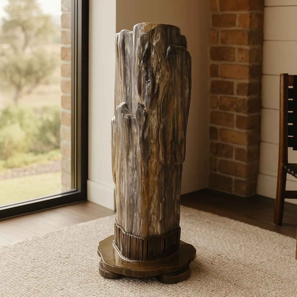 Polished petrified wood fossil sculpture with natural gray and amber striations
