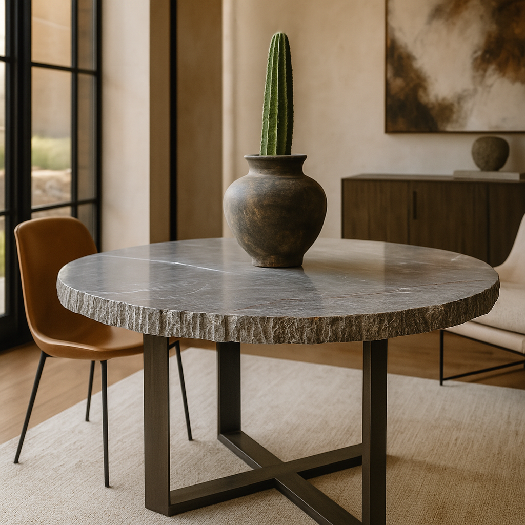 Top view of round Grigio marble dining table with white and red veining
