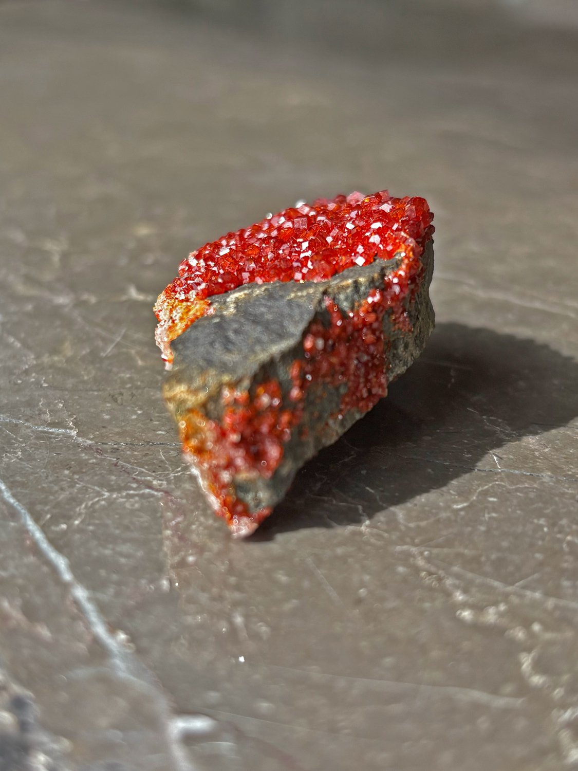 Side angle of fiery red Vanadinite specimen