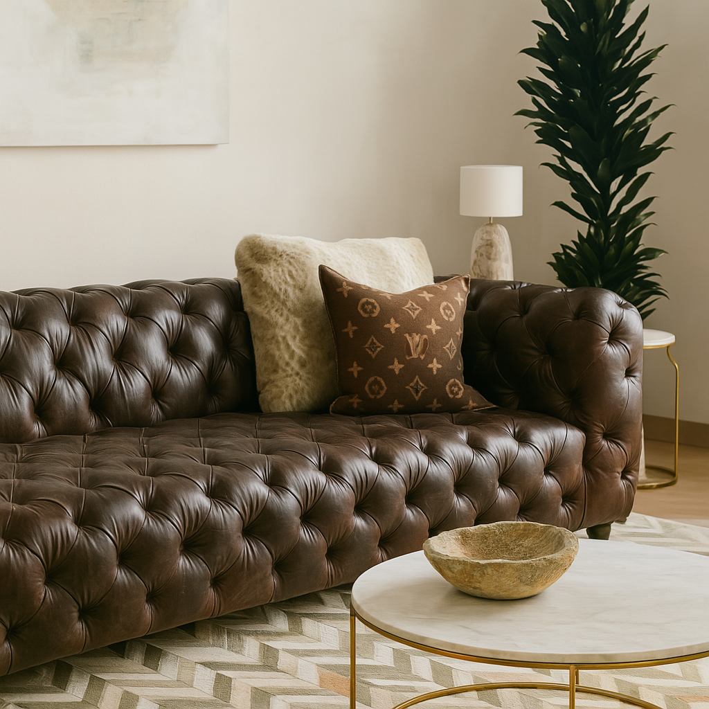 Rich espresso brown tufted leather Chesterfield sofa in modern Dallas living room