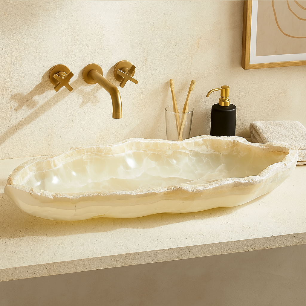 Avorio Cream onyx vessel sink with rough-cut rim on quartz vanity