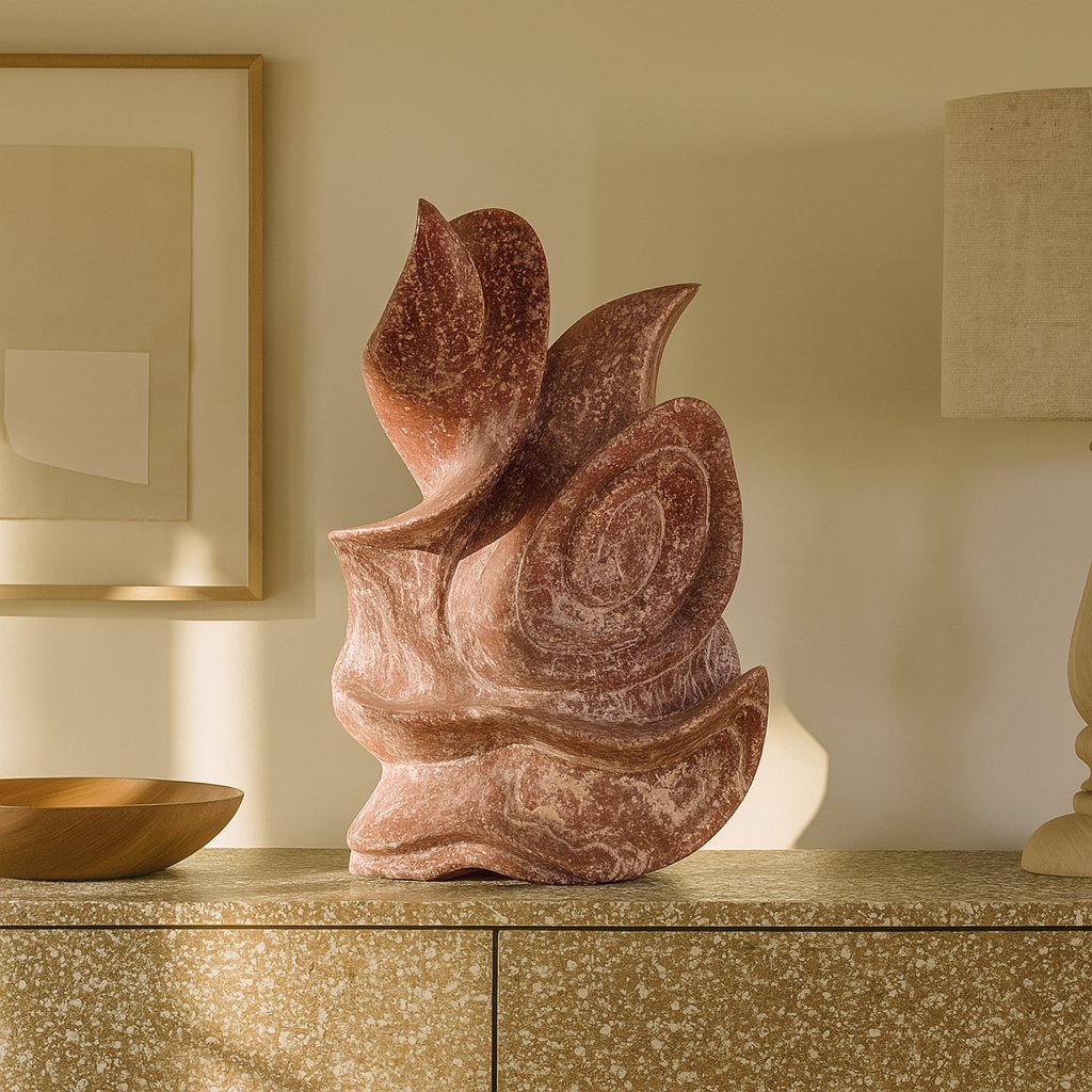 36-inch hand-carved red marble abstract Floris sculpture with flowing petal shapes