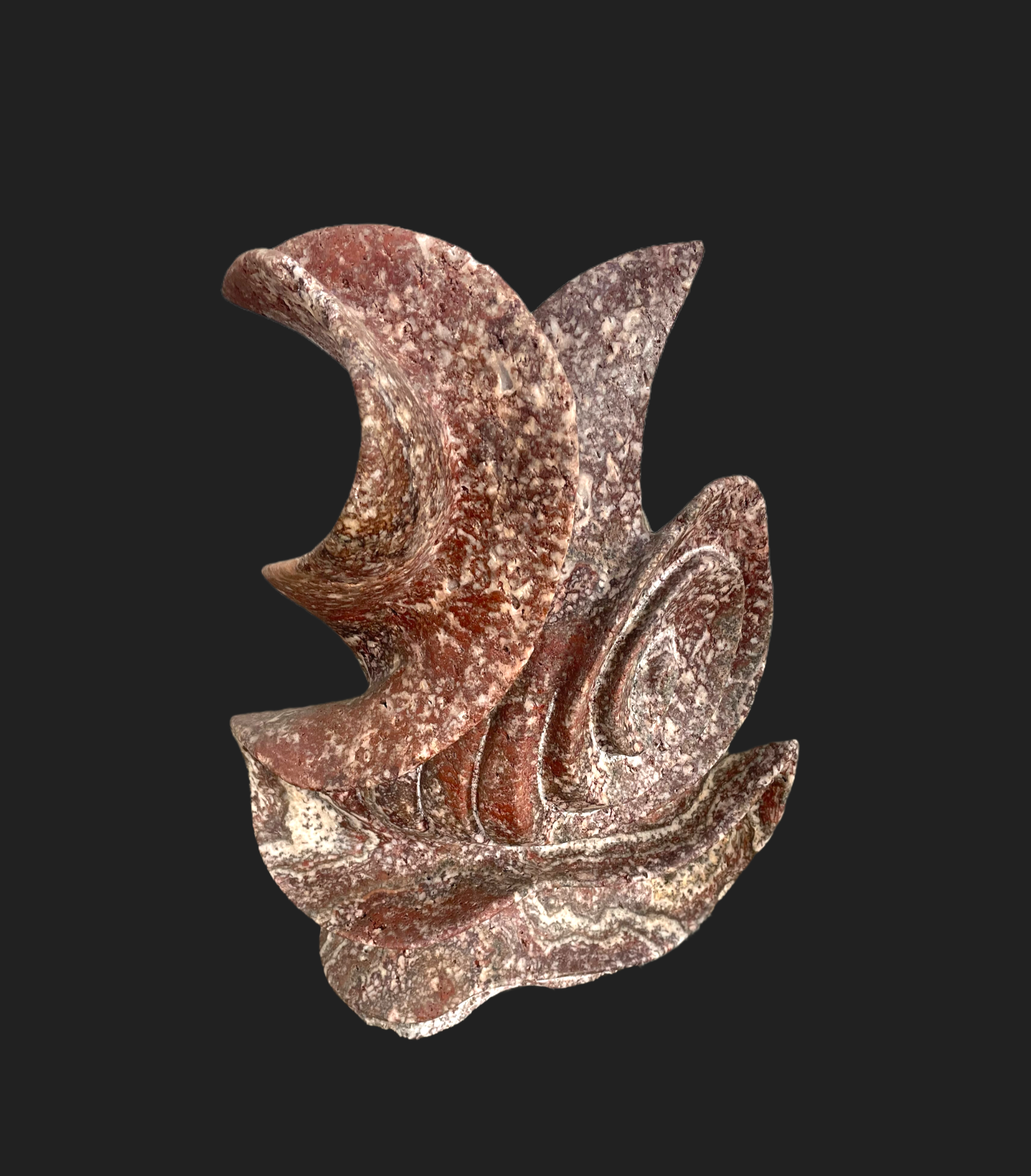36-inch hand-carved red marble abstract Floris sculpture with flowing petal shapes