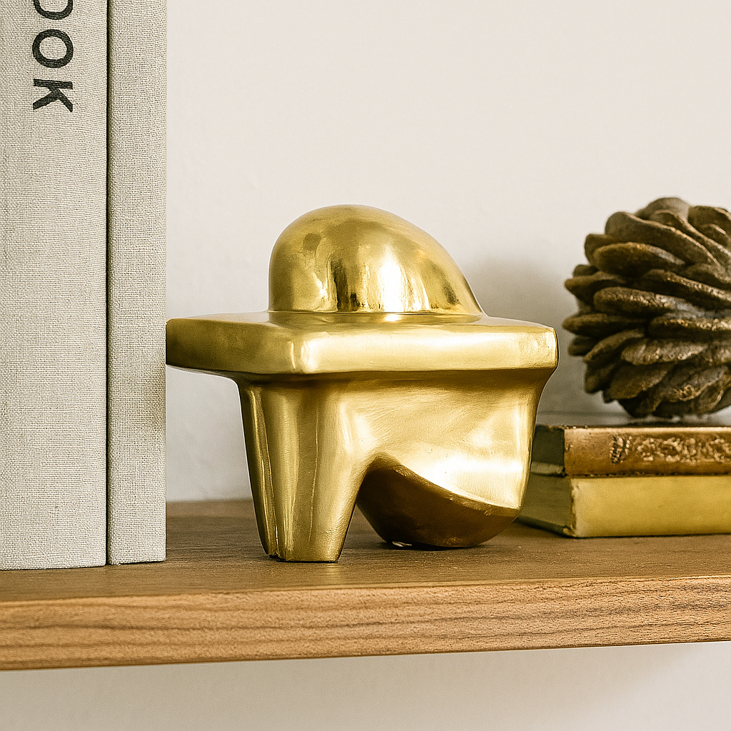 Gold brass sculptural bookend with modern dome design on wooden shelf