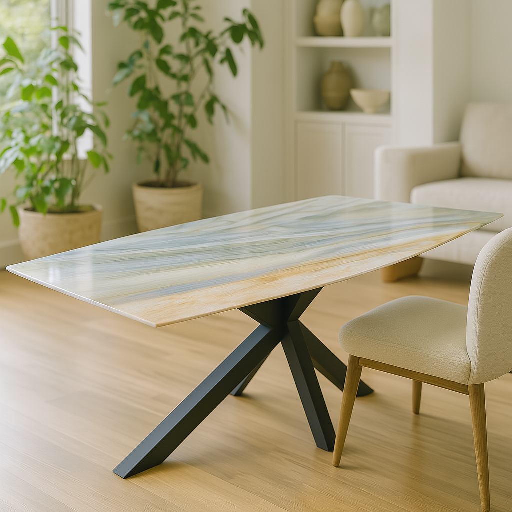 Luxury dining table made from polished Rainbow Quartz with black modern geometric base, designed by CounterFixtures in Dallas.