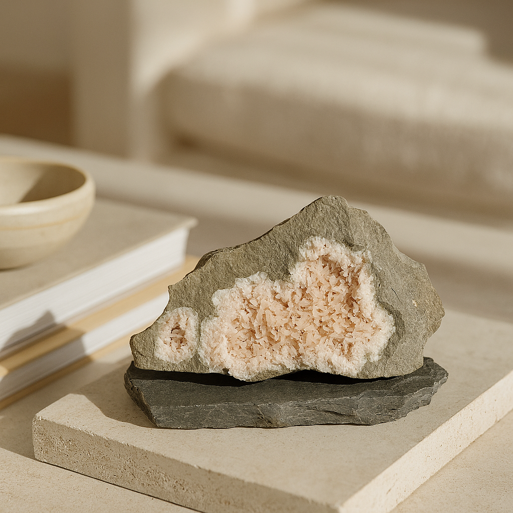 Close-up image of a blush pink dolomite crystal geode with delicate formations on a gray slate base