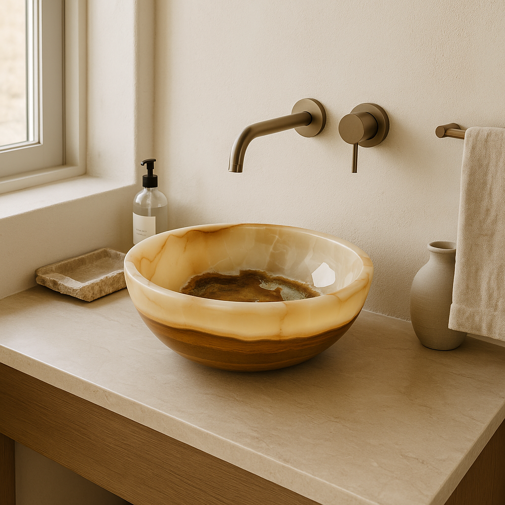 Polished honey-gold onyx vessel sink with translucent banding on vanity top