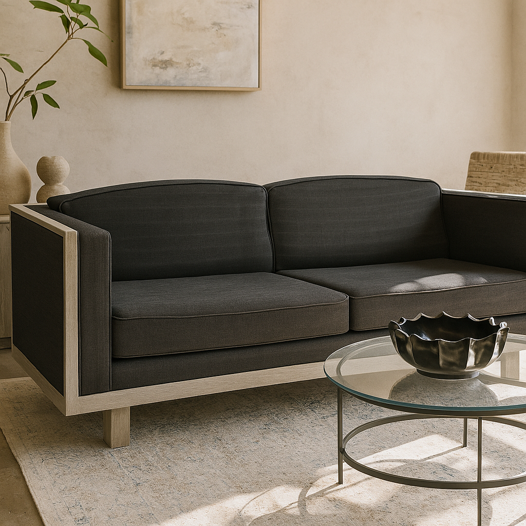 Charcoal sofa with grey wood truss frame and box cushions