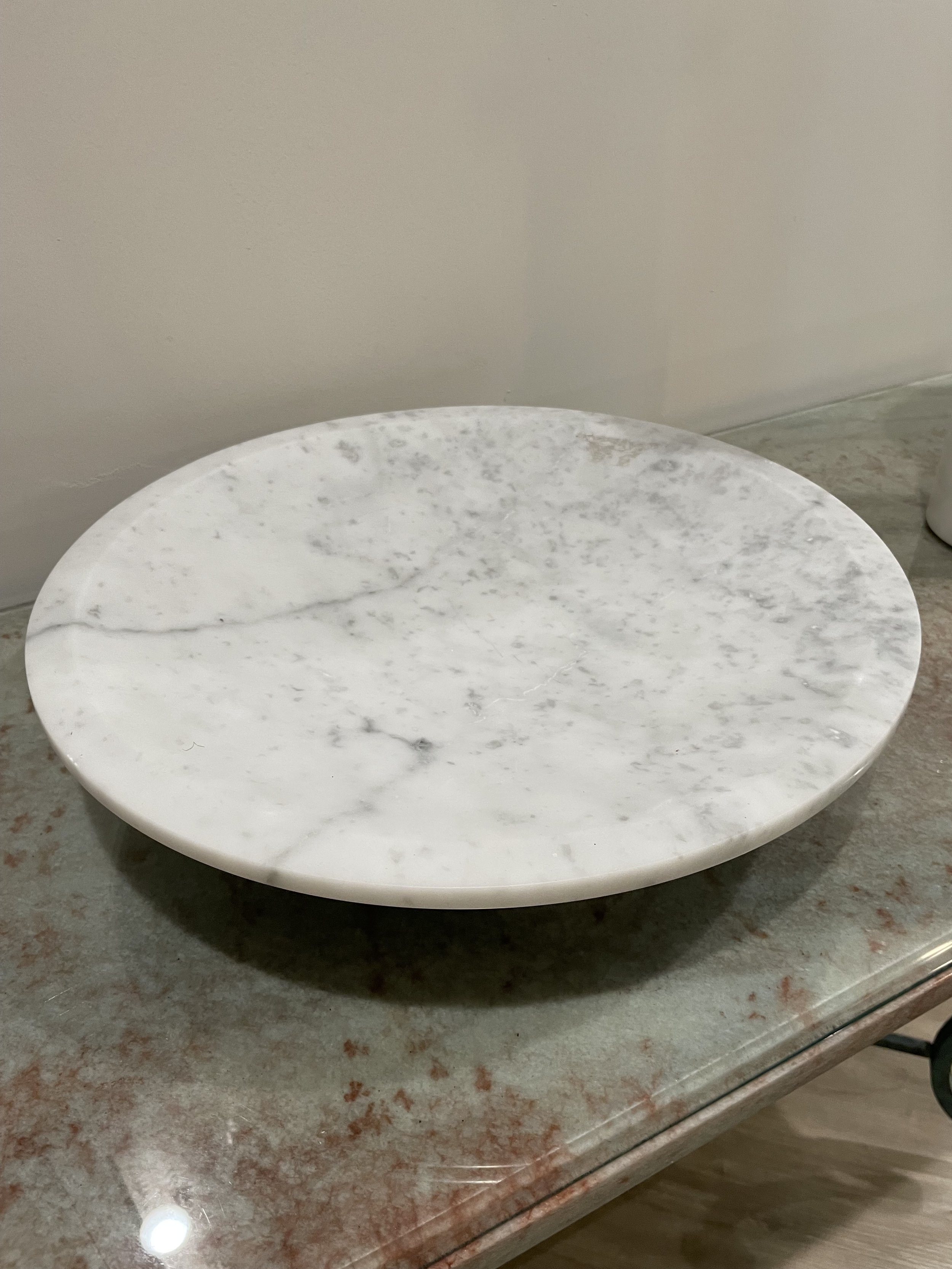 Round white marble bowl with subtle gray veining, 16-inch diameter