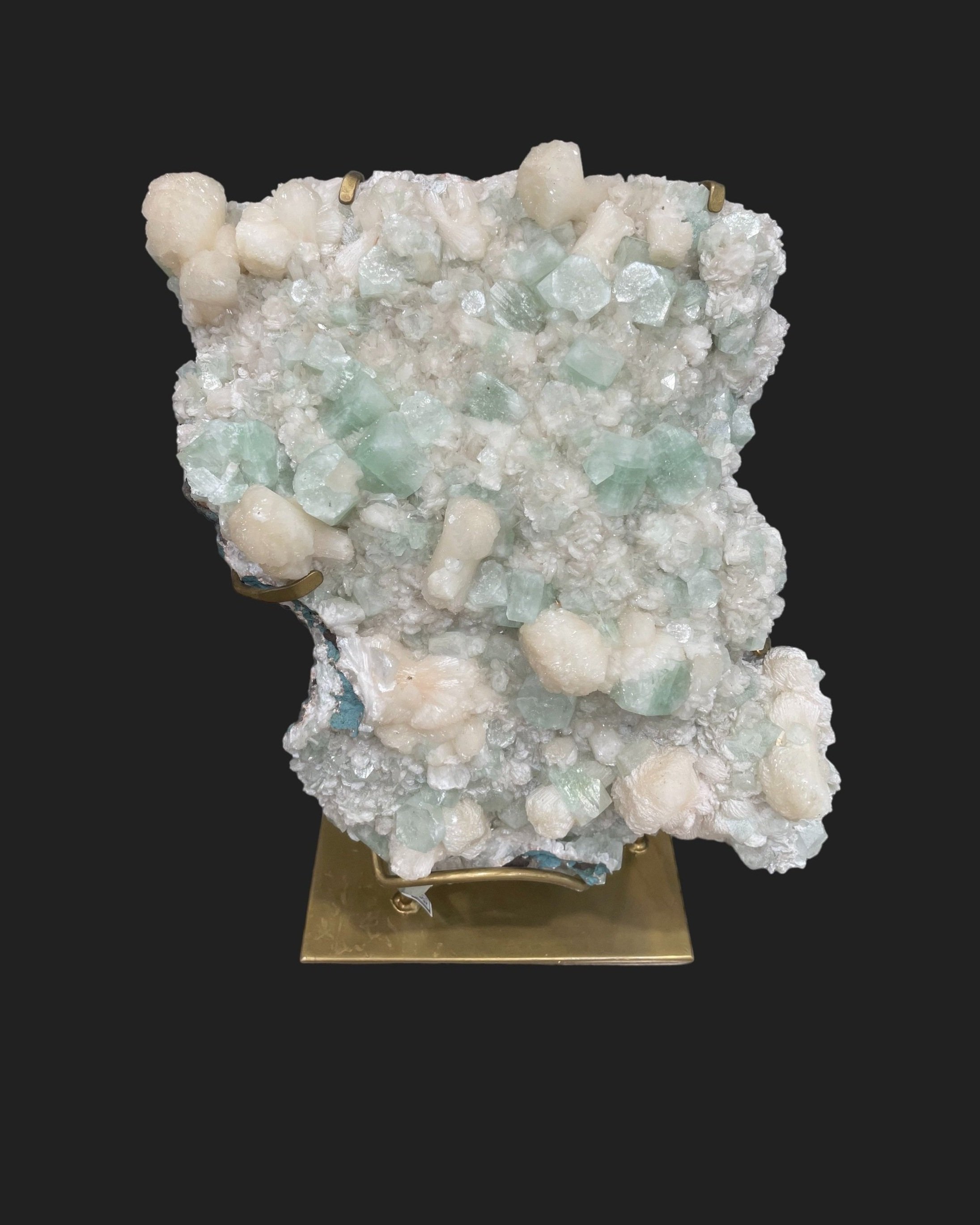 Mounted prehnite on apophyllite crystal cluster with brass stand for home décor
