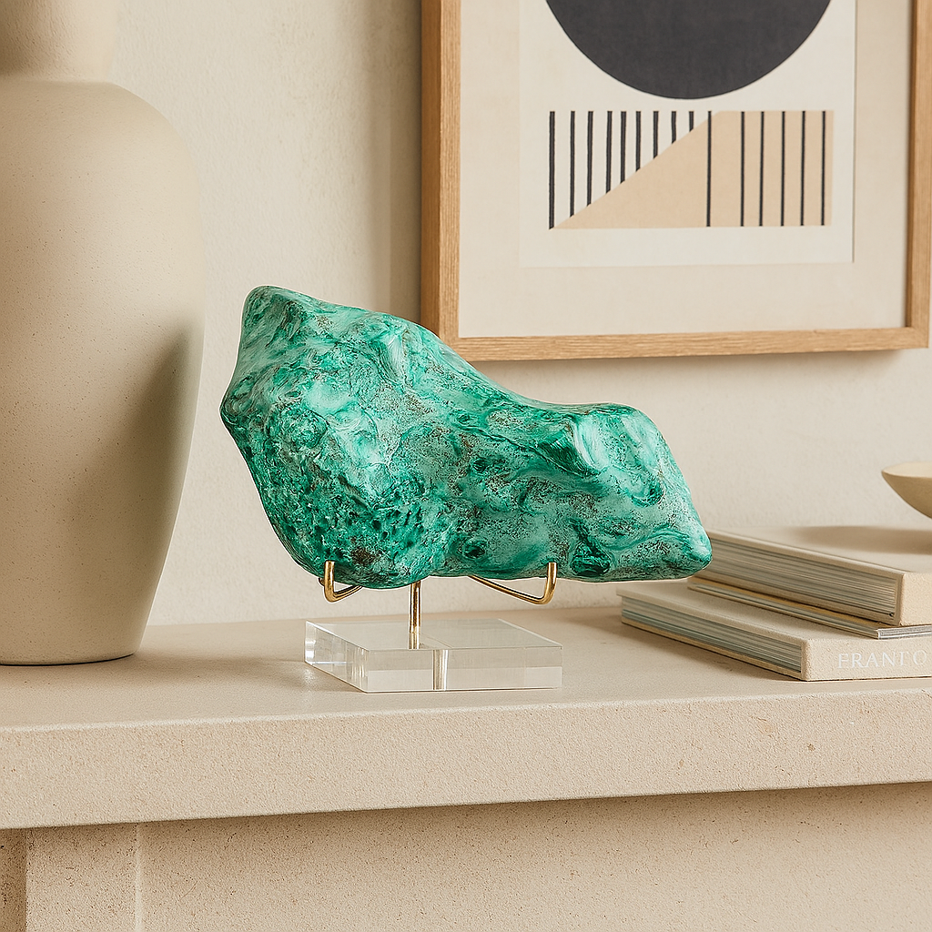 Polished chrysocolla malachite specimen on acrylic stand with swirling turquoise and green patterns