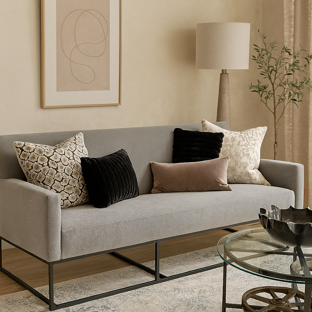Contemporary grey sofa with black metal sled base, 82-inch wide