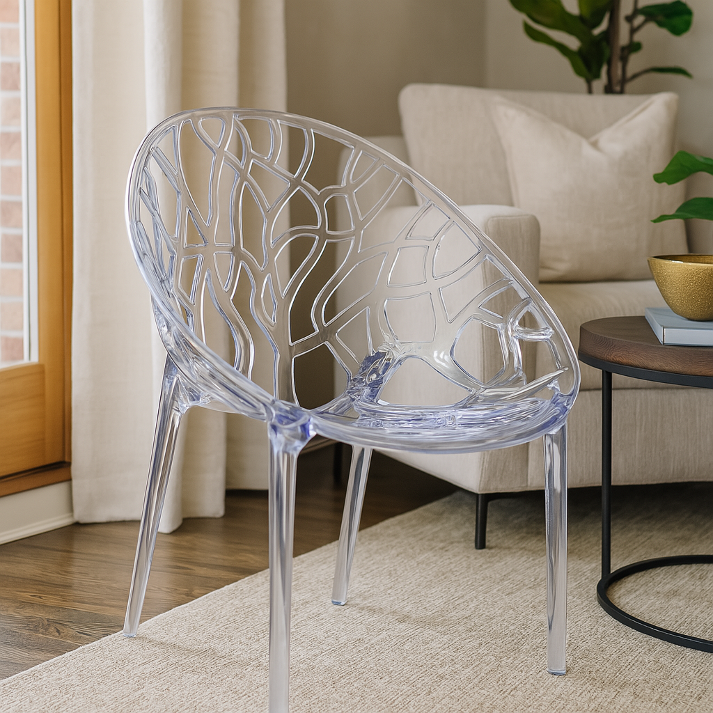 Transparent acrylic accent chair with branch-pattern backrest in modern living room