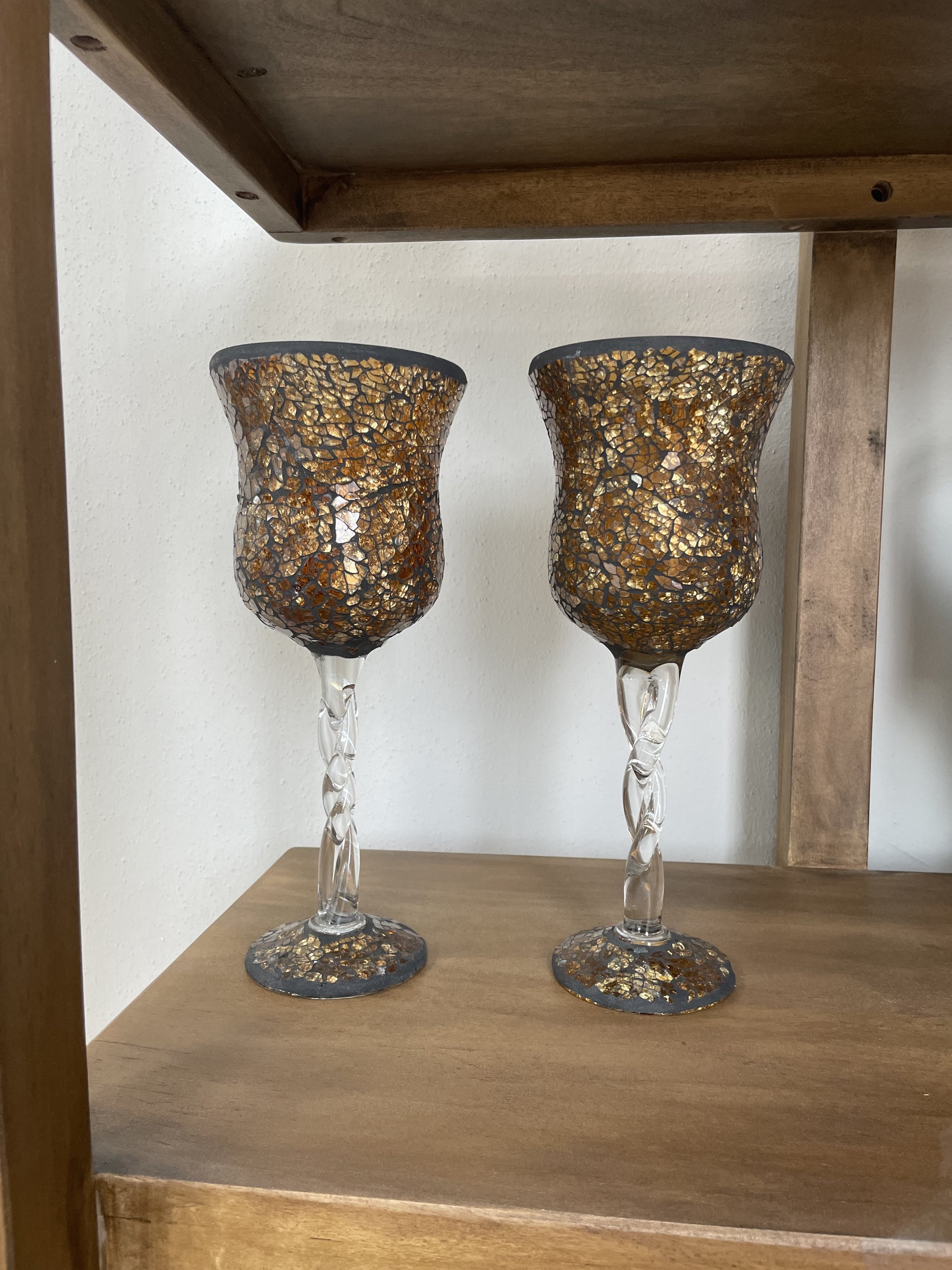 Pair of 12-inch amber mosaic glass goblets with twisted stems