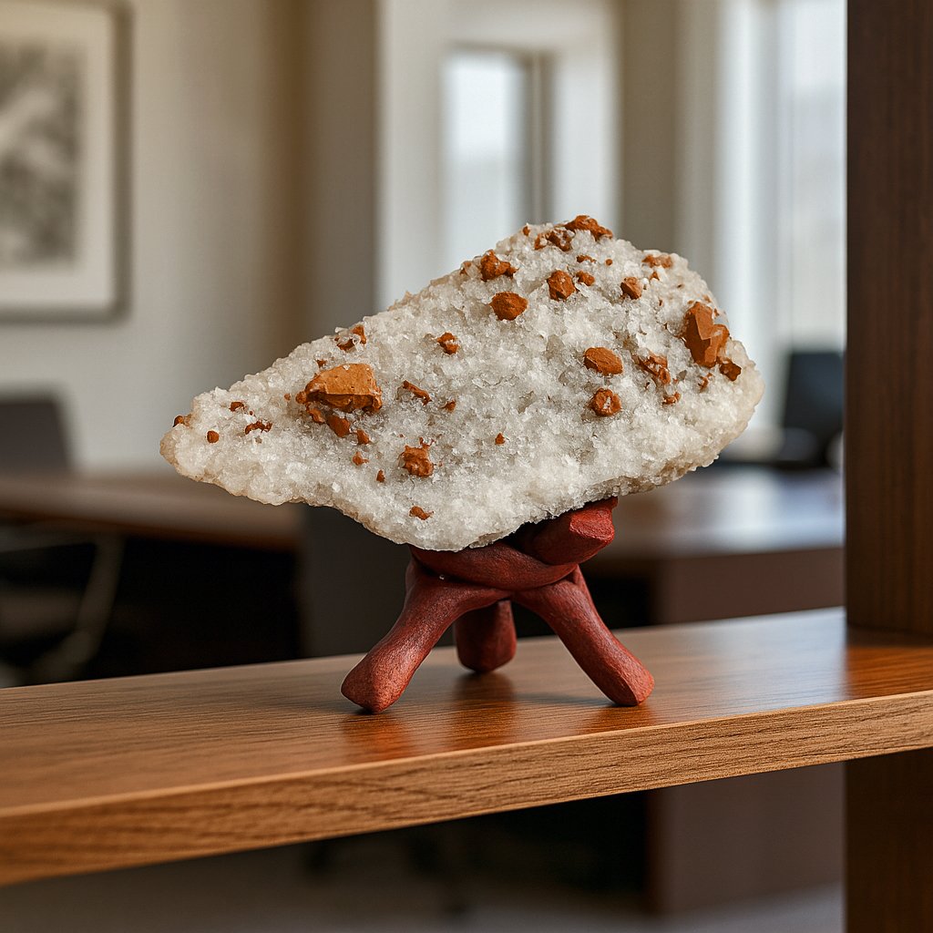 Guanajuato calcite on amethyst crystal cluster on wooden stand, luxury décor in Dallas showroom