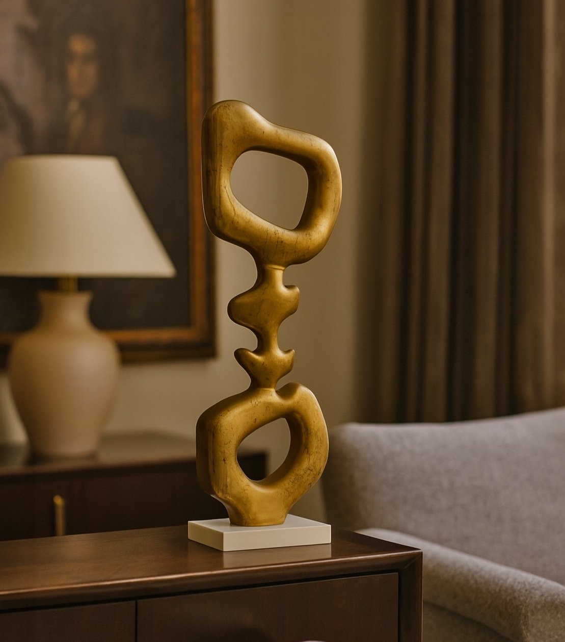Lifestyle view of brass ribbon sculpture atop walnut credenza