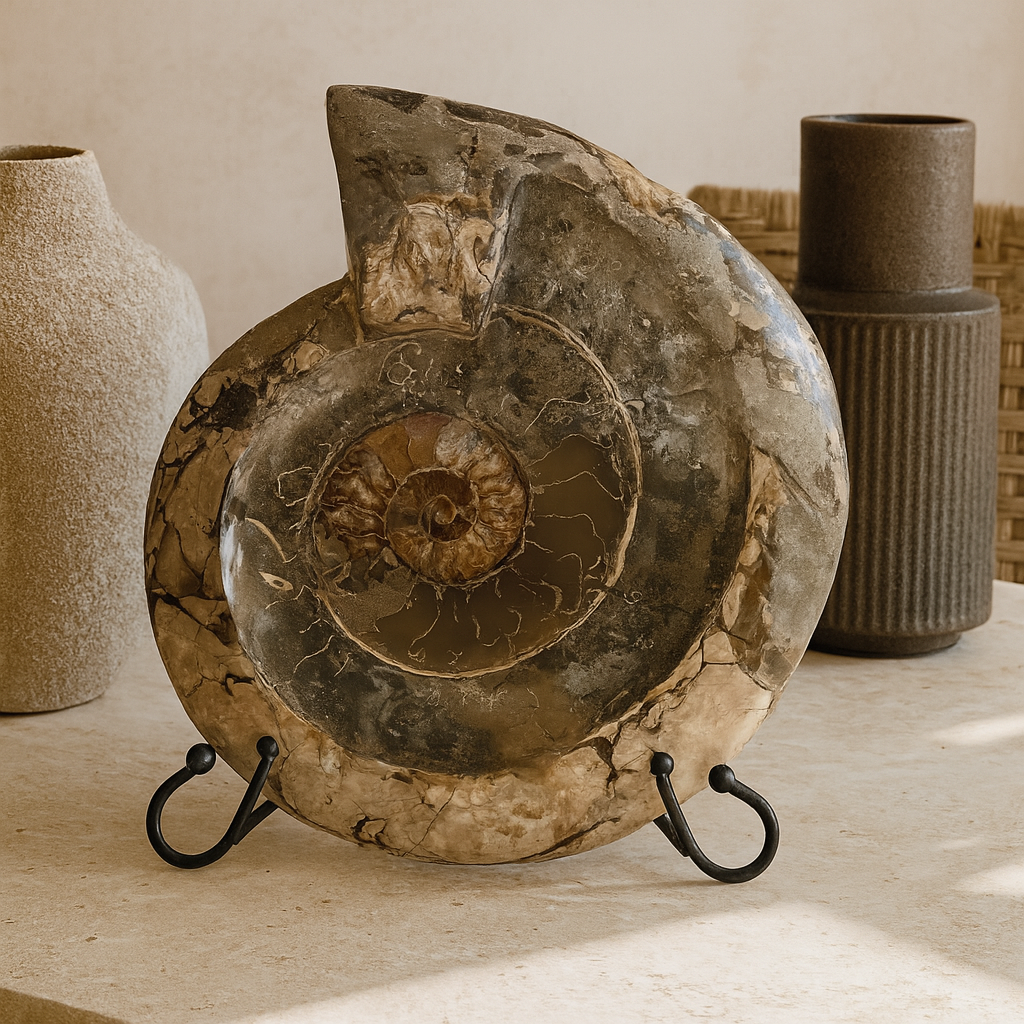 Polished ammonite fossil dish displayed upright on a stand with visible mineral veining