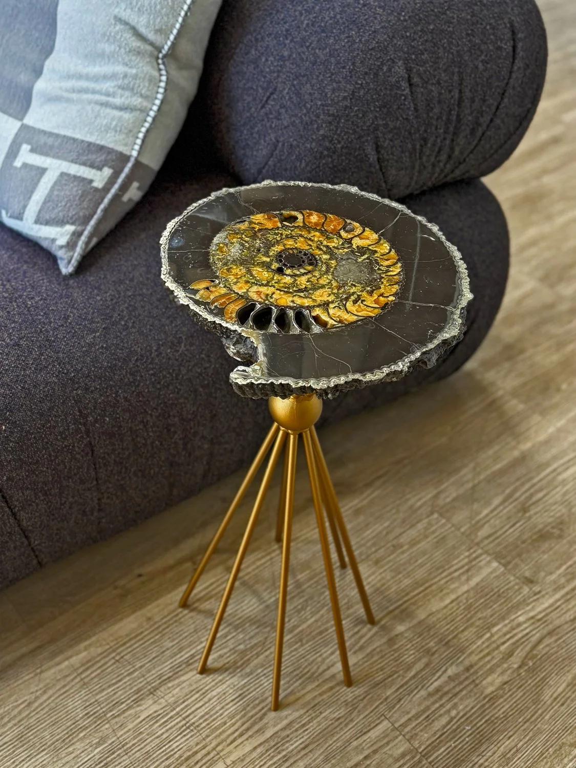 Ammonite fossil accent table with gold base featuring preserved spiral shell