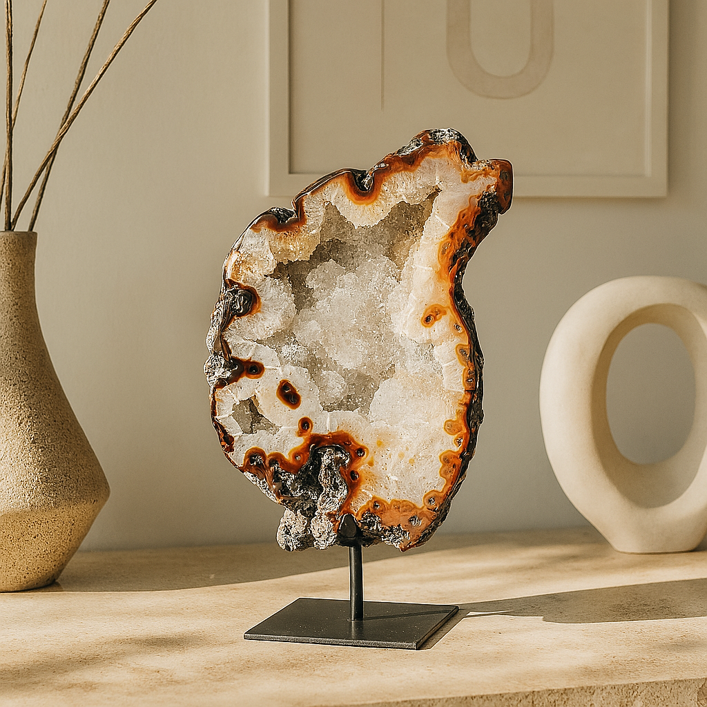 Celestara geode sculpture featuring druzy quartz and agate on black metal stand