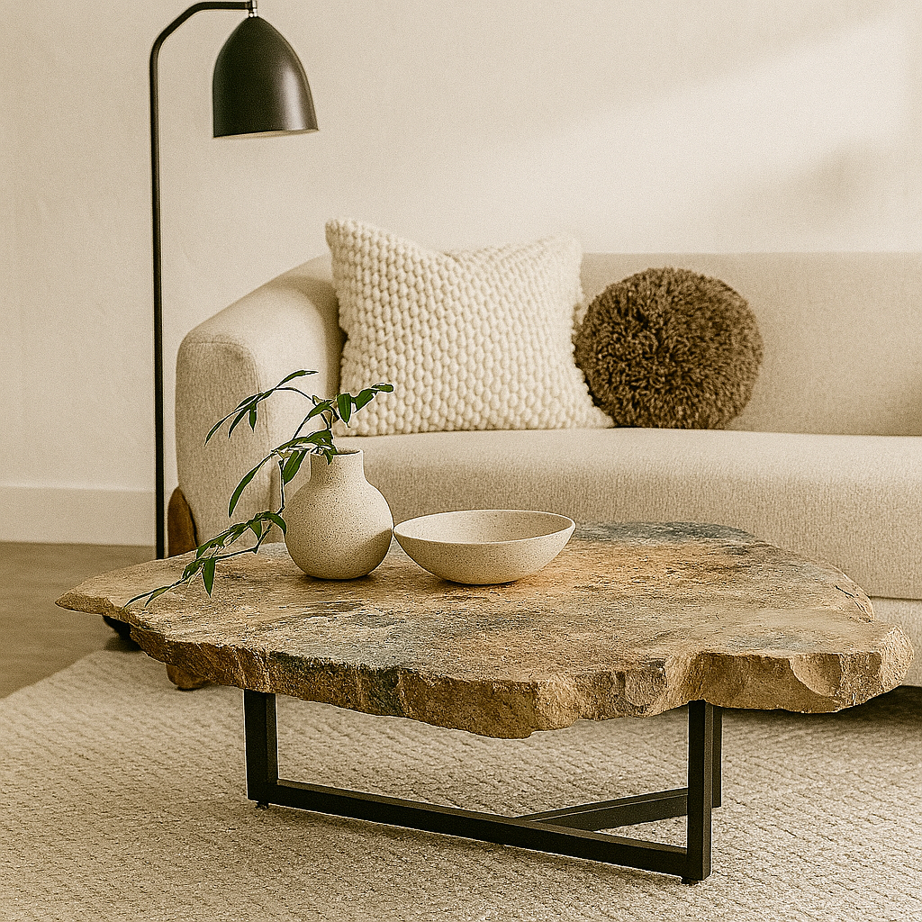 Polished natural stone coffee table with blue mineral veining