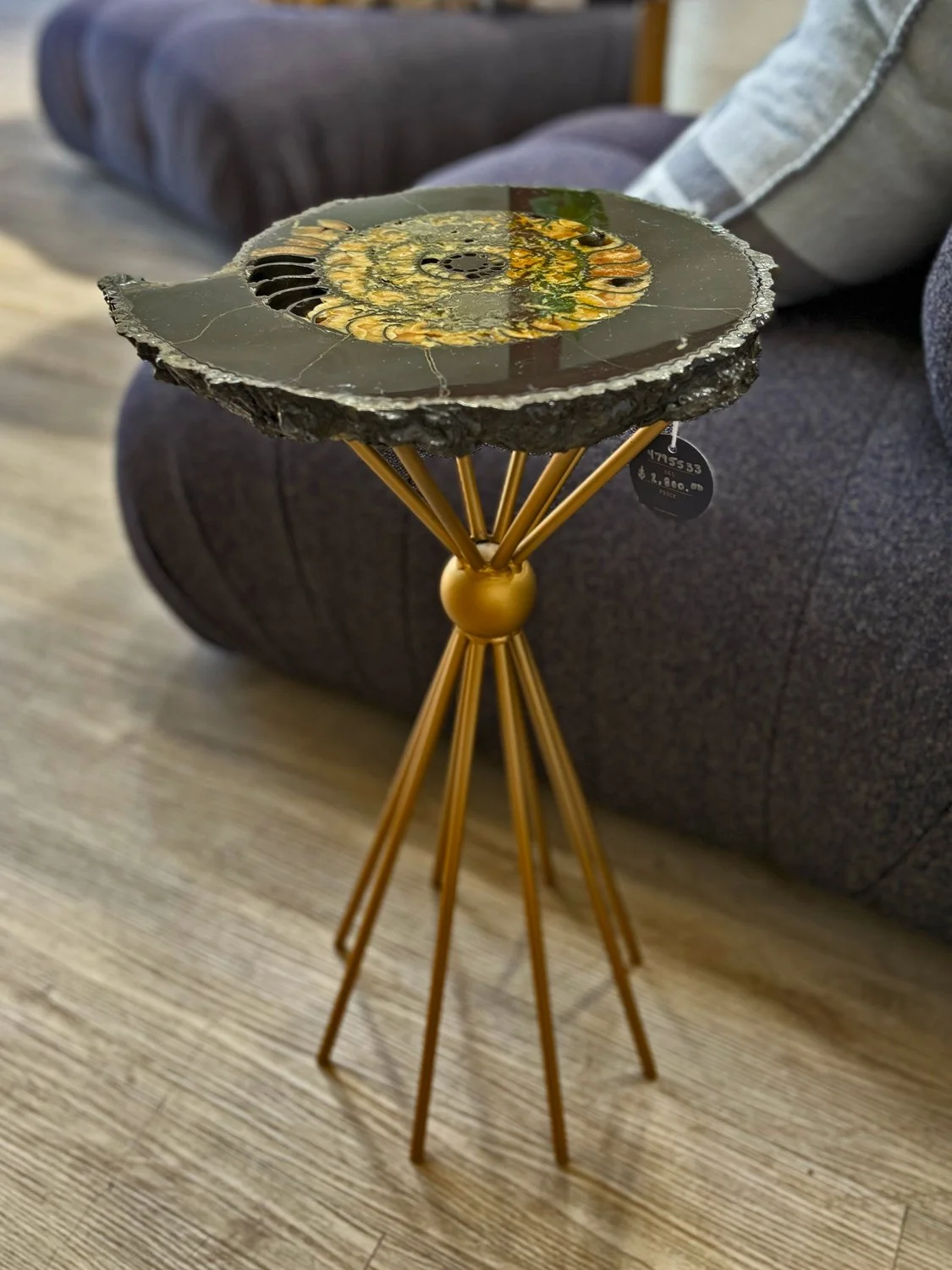 Ammonite fossil accent table with gold base featuring preserved spiral shell