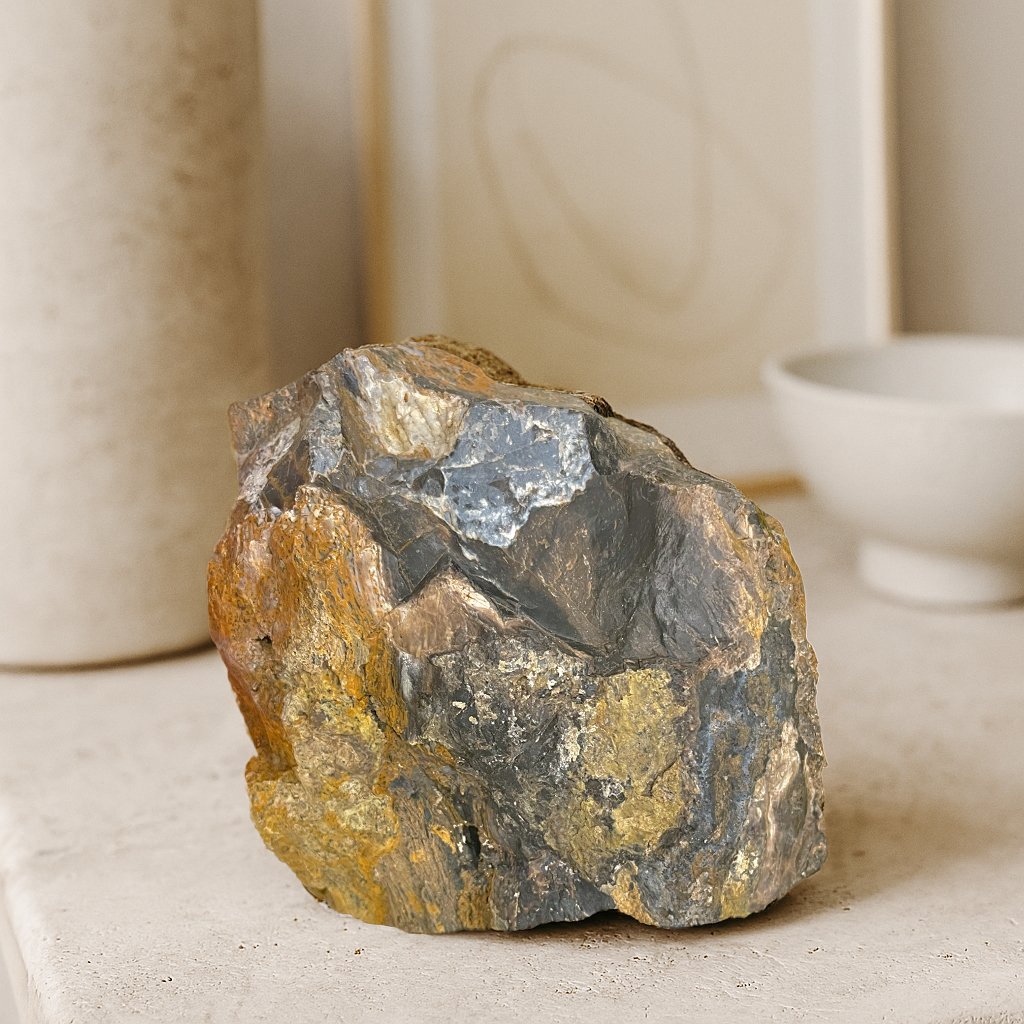 Earth-toned raw agate sculpture with polished facets, ideal for Dallas interior decor