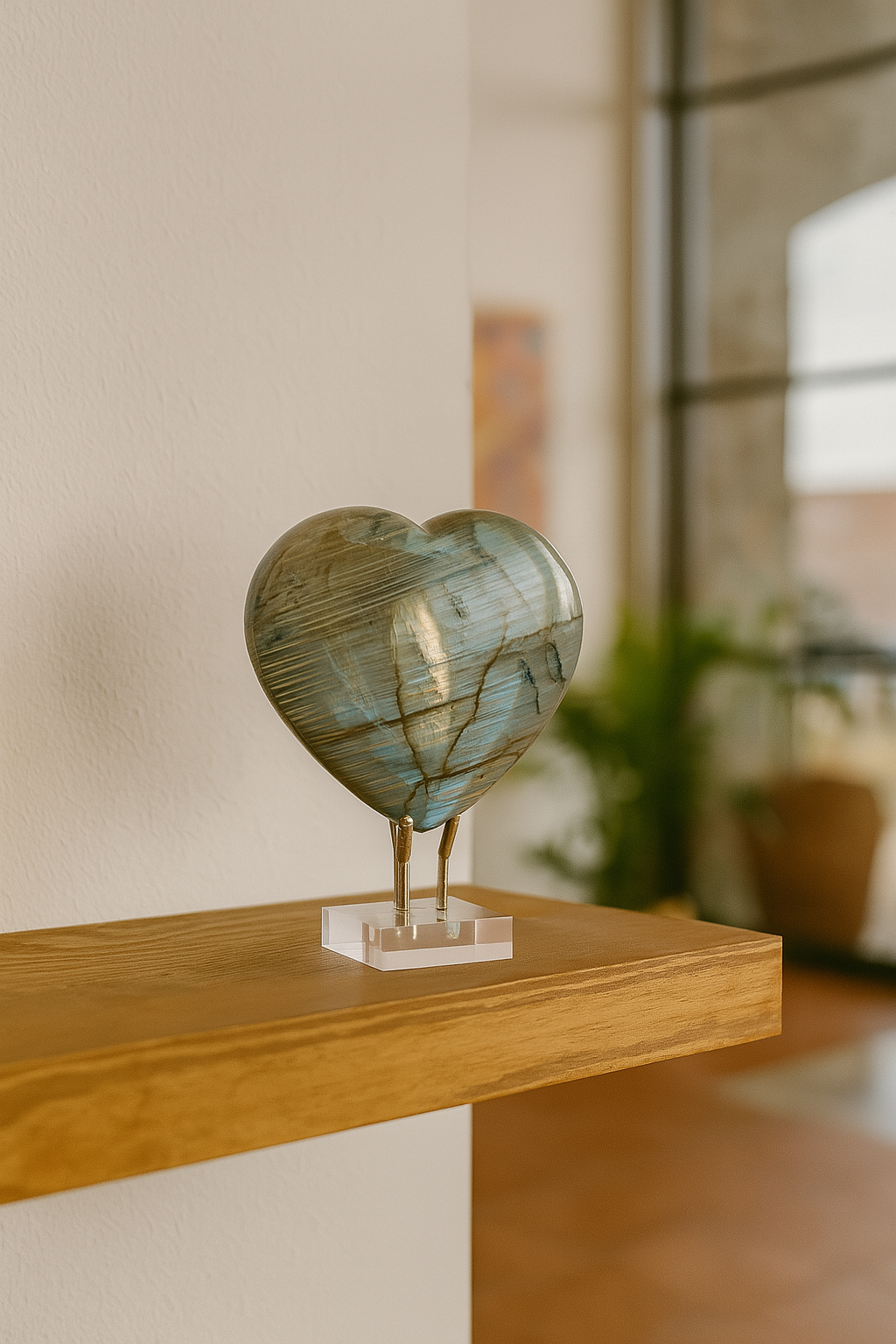Iridescent labradorite heart on acrylic and brass stand