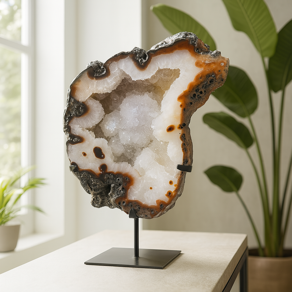 Celestara geode sculpture featuring druzy quartz and agate on black metal stand