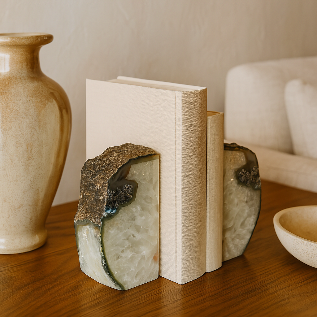 Pair of white crystal agate bookends with polished interior and raw edges