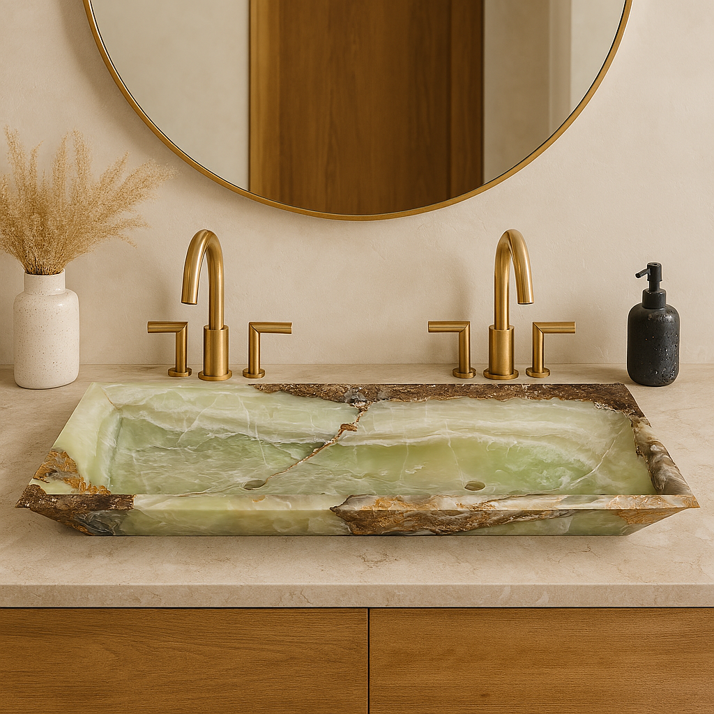 Green onyx double vanity sink with natural veining and amber detailing