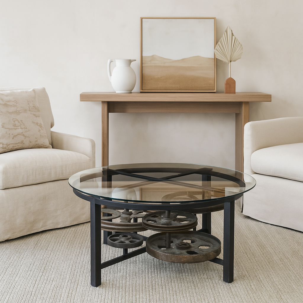 Round coffee table with reclaimed iron gears under clear glass top and black steel frame