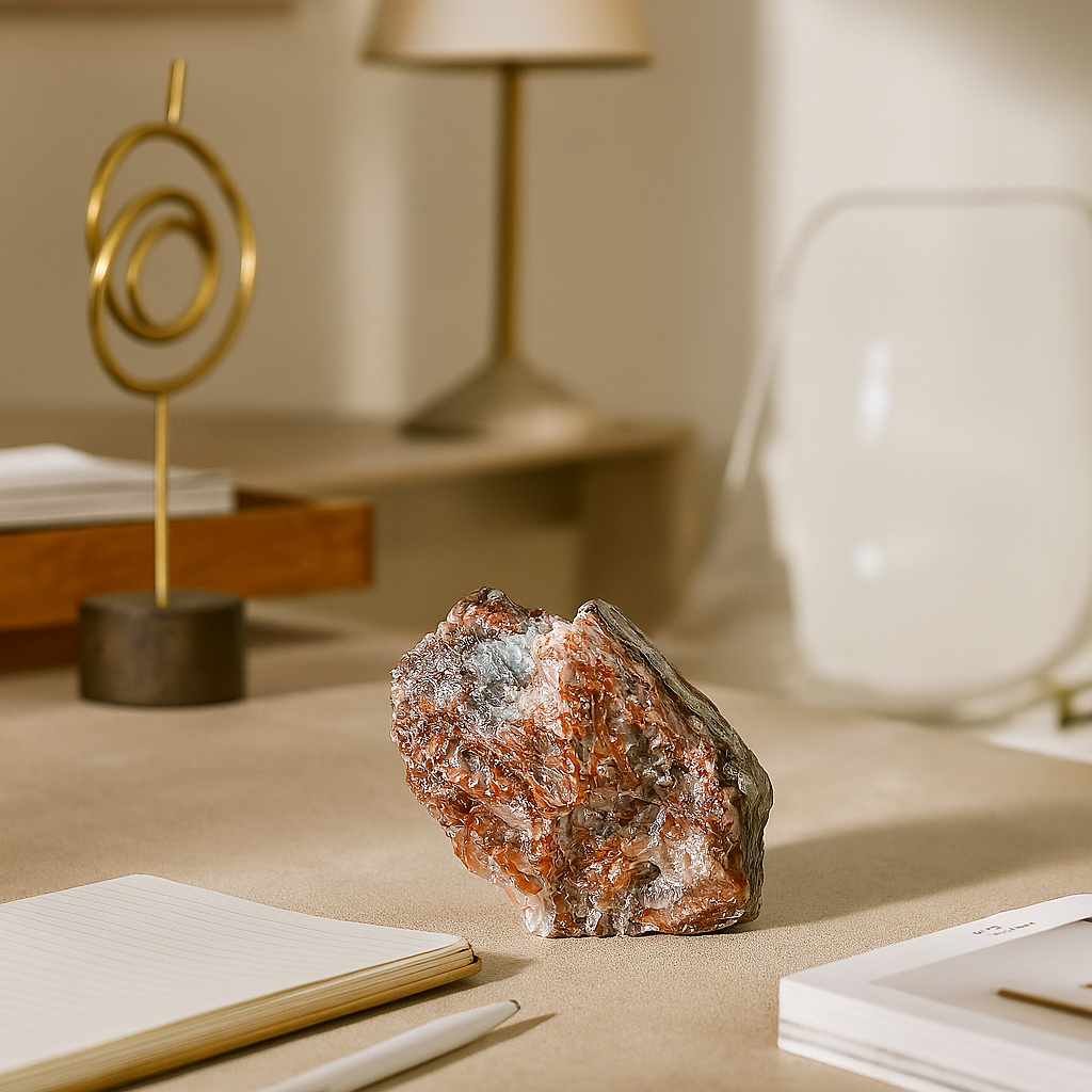 Rainbow Calcite crystal cluster showing clear and reddish-brown banding