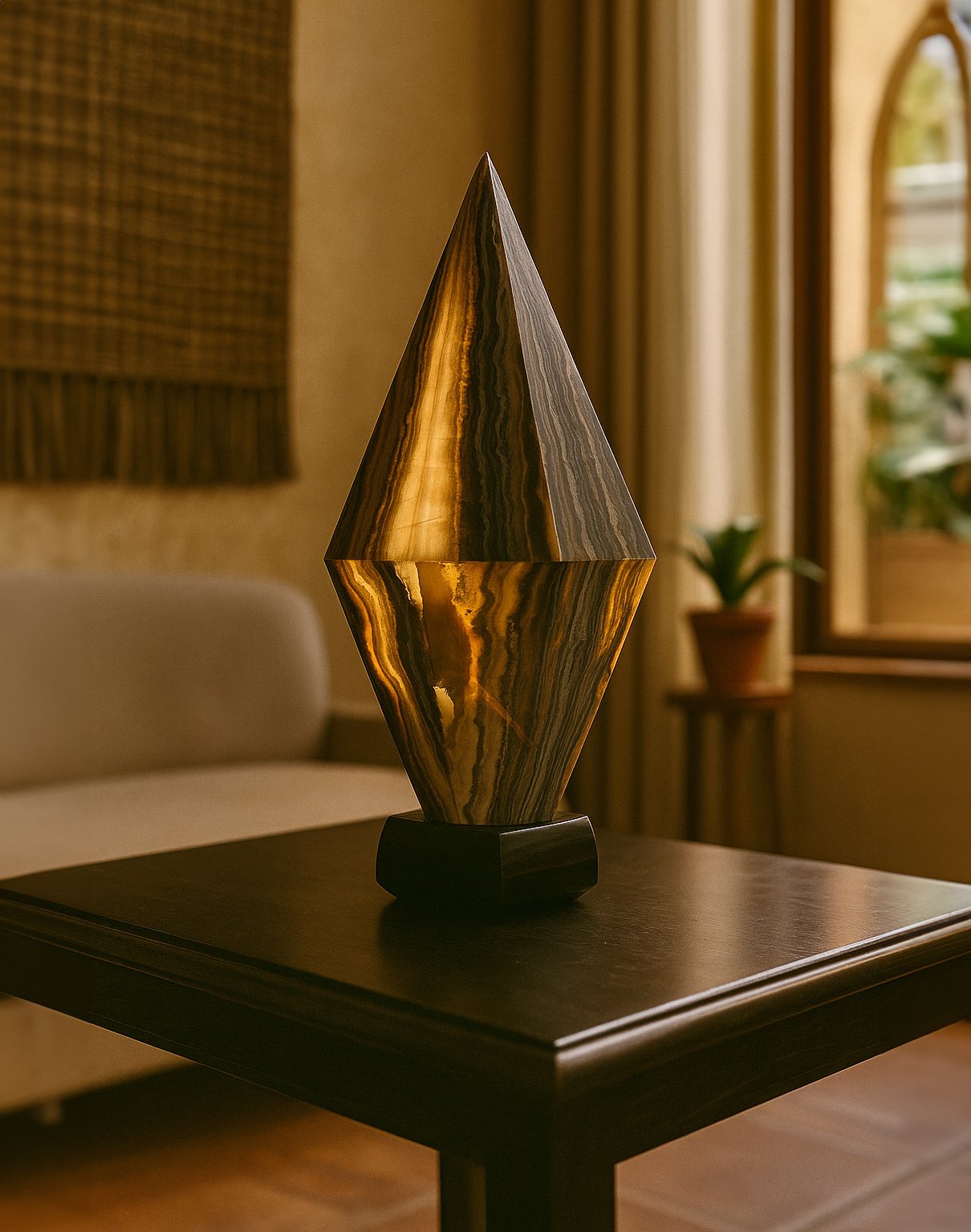 Illuminated diamond-shaped onyx lamp on black marble base