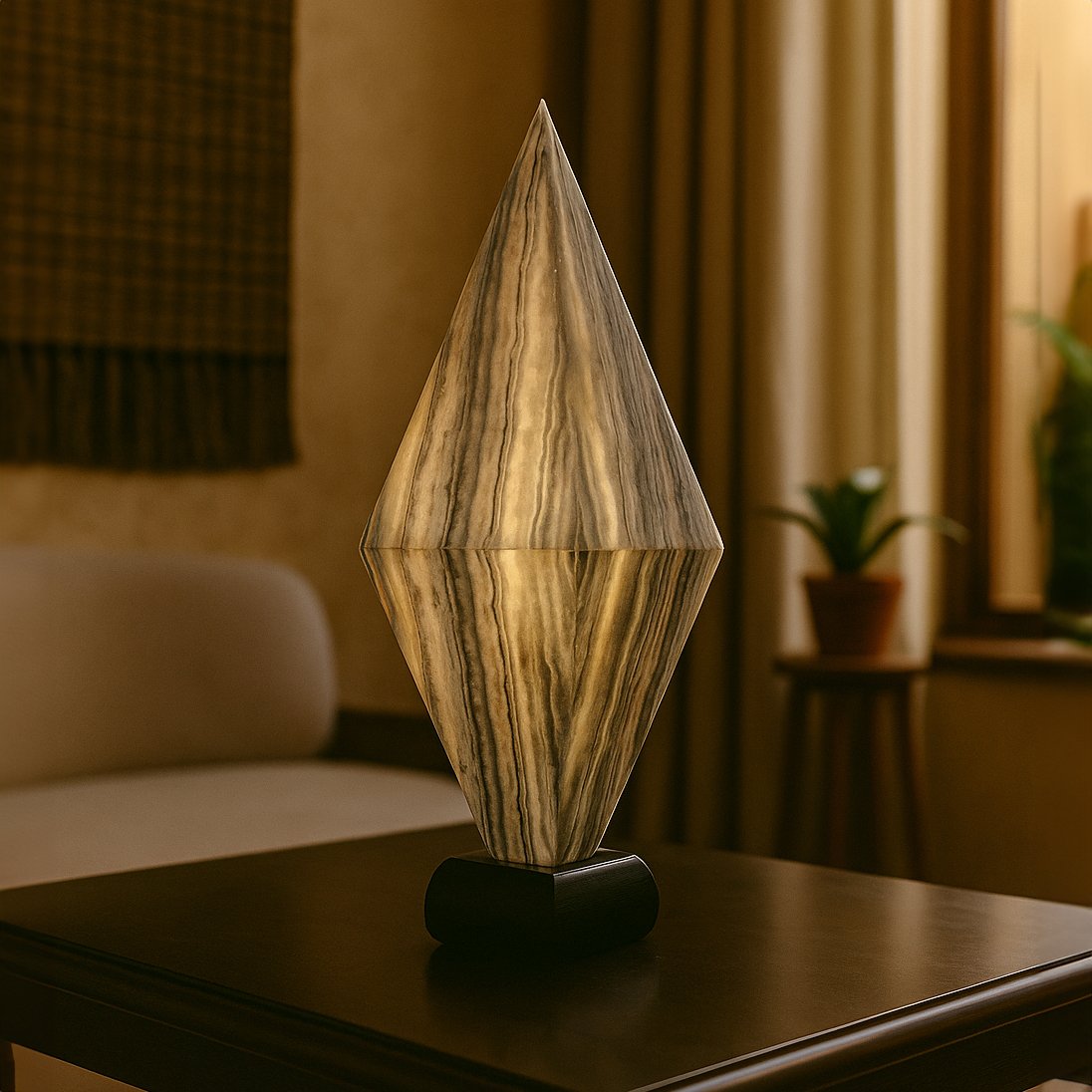 Illuminated diamond-shaped onyx lamp on black marble base