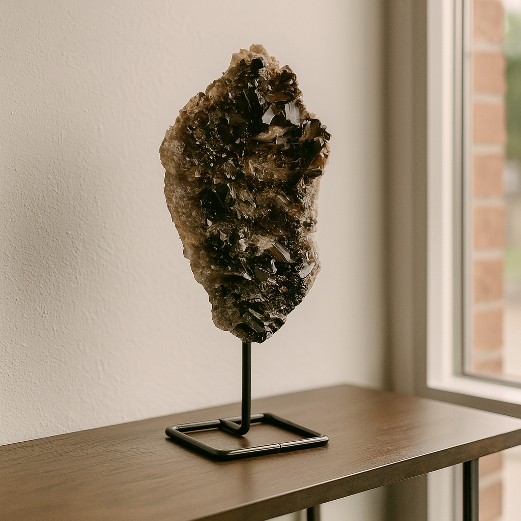 Mounted smoky quartz crystal slab with dark caramel points on black iron stand