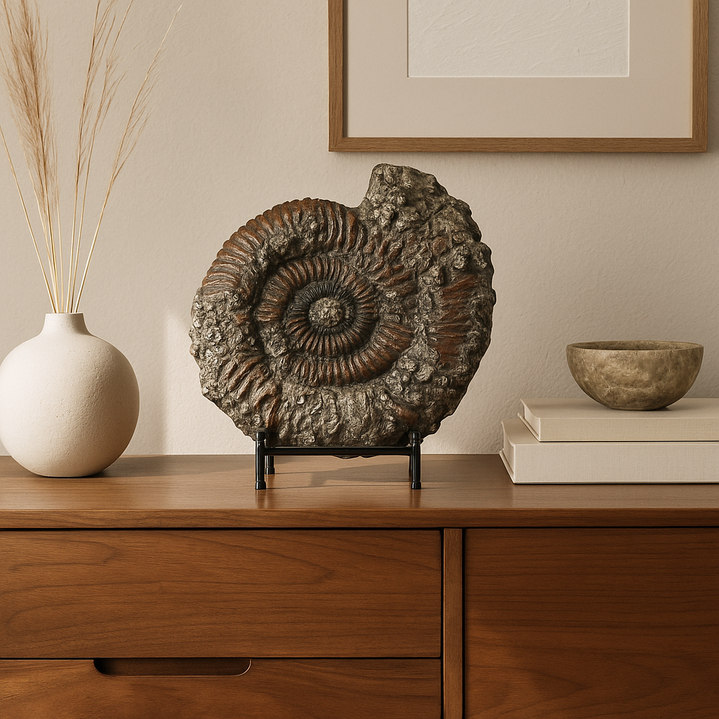 Fossilized ammonite specimen with pyrite encrustation on custom black stand, from Volga River, Russia