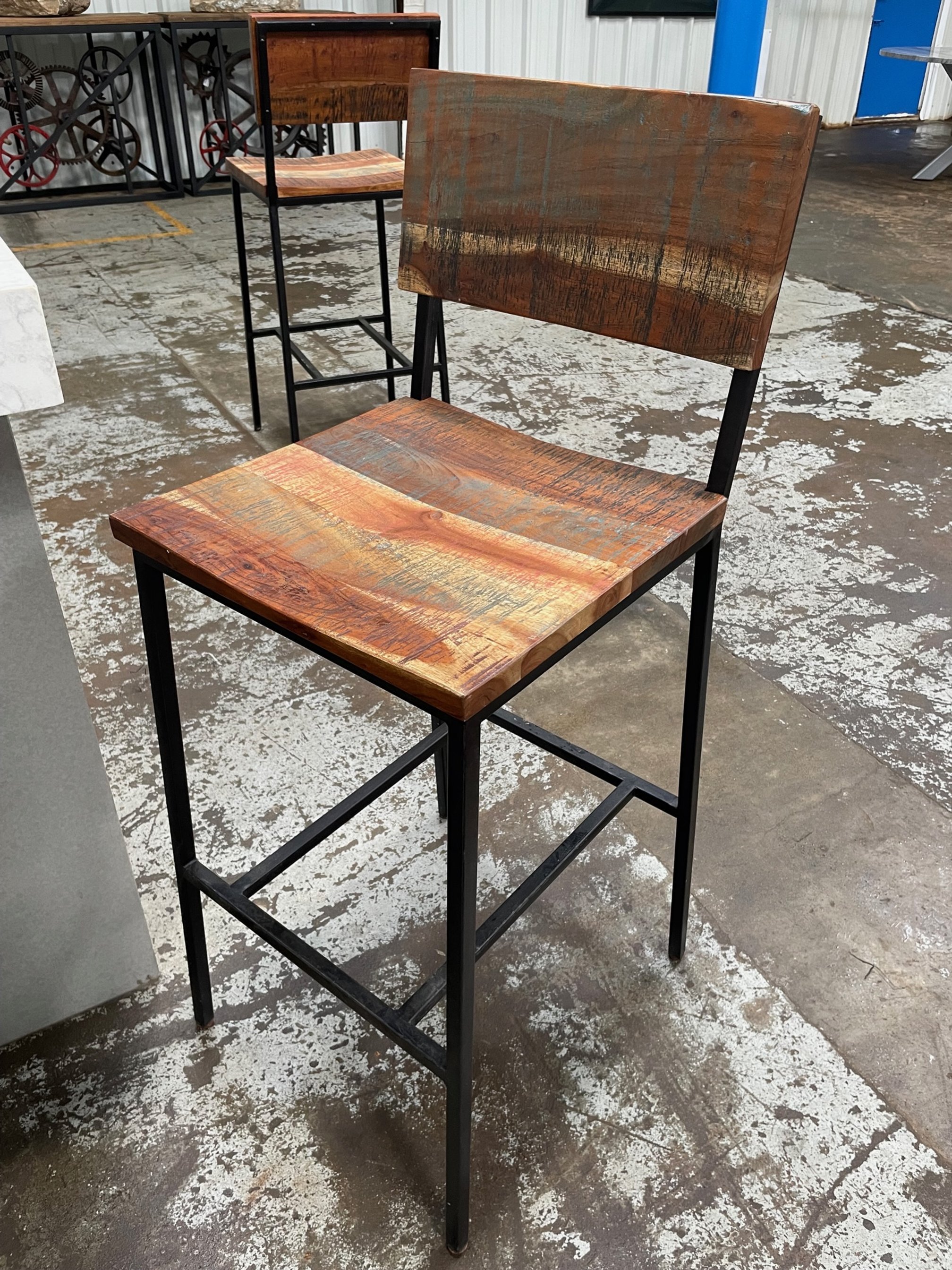 Industrial bar chair with reclaimed wood seat and black steel frame