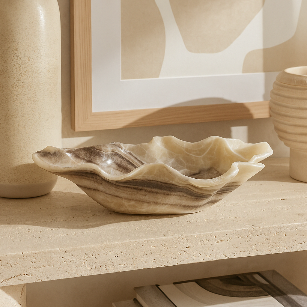 Cream and taupe Hierapolis onyx decorative bowl with wavy rim
