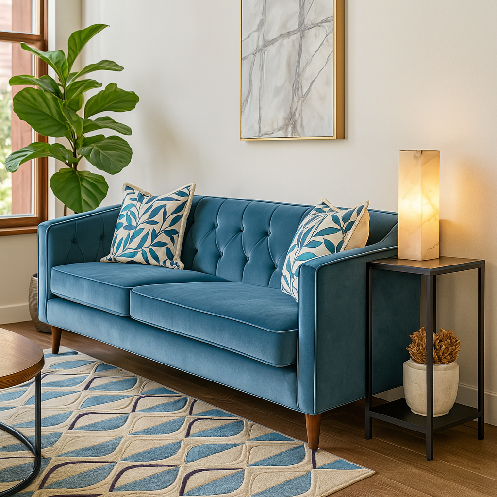 Blue velvet tufted sofa with walnut legs in modern living room