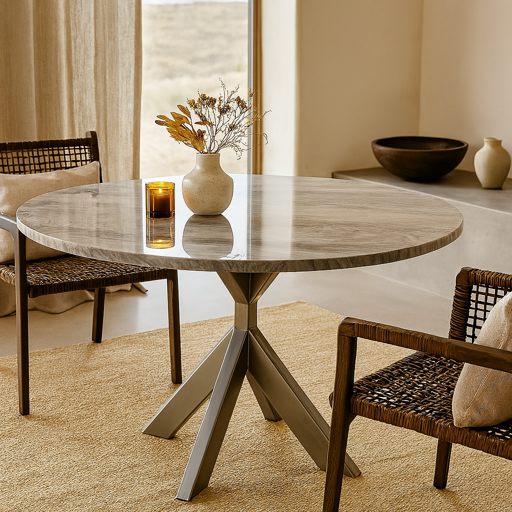 A Portinari dining table that is carved from exquisite Brazilian marble on a rug in a room