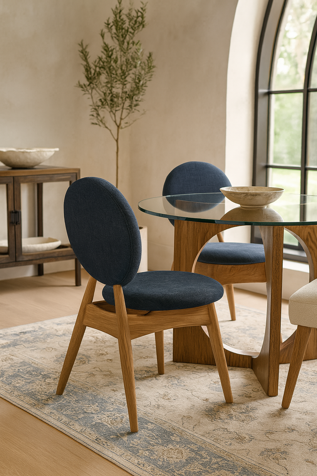 Set of sculptural oak dining chairs with navy circular upholstery on a vintage rug